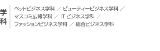 ペットビジネス学科 ／ ビューティービジネス学科 ／ マスコミ広報学科 ／ ITビジネス学科